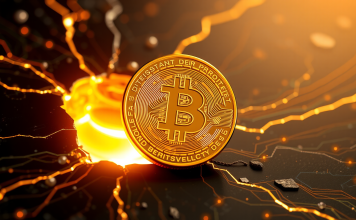 Leuchtender goldener Bitcoin aus digitaler Matrix