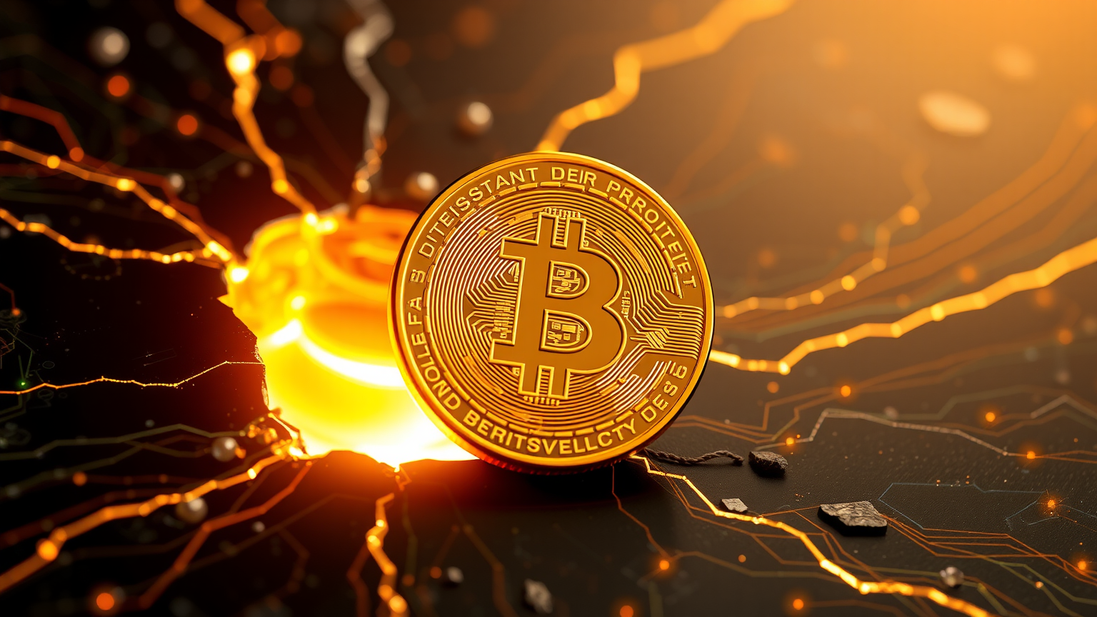 Leuchtender goldener Bitcoin aus digitaler Matrix