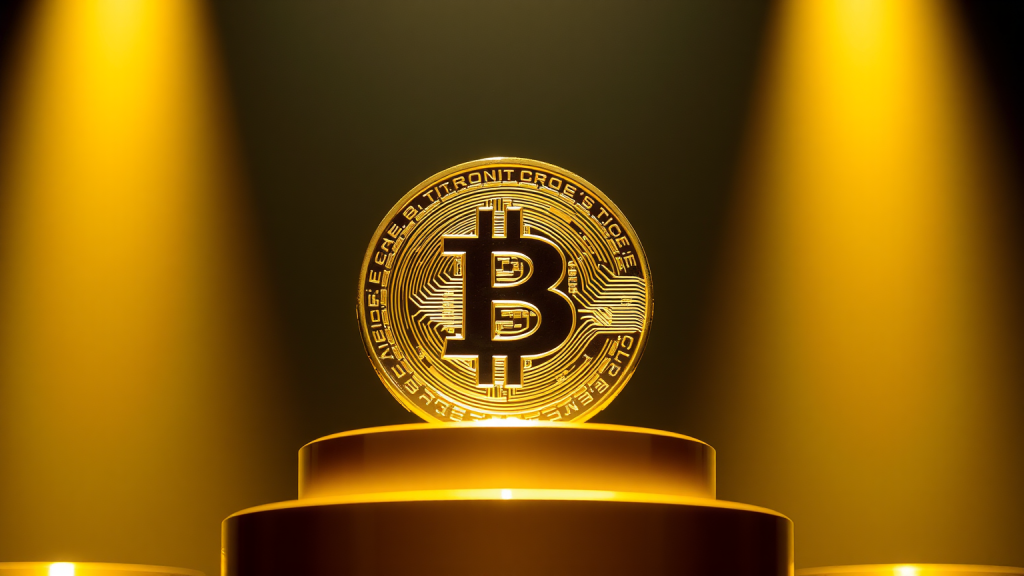 Goldener Bitcoin auf einem Podest im Scheinwerferlicht