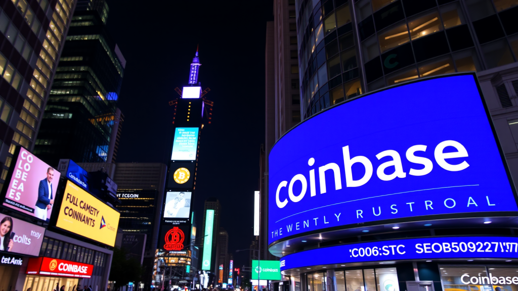 Stadt bei Nacht mit Coinbase-Werbetafel