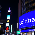 Stadt bei Nacht mit Coinbase-Werbetafel