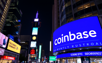 Stadt bei Nacht mit Coinbase-Werbetafel