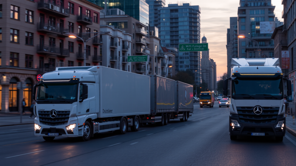 Daimler Trucks in einer städtischen Umgebung bei Dämmerung.