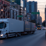 Daimler Trucks in einer städtischen Umgebung bei Dämmerung.