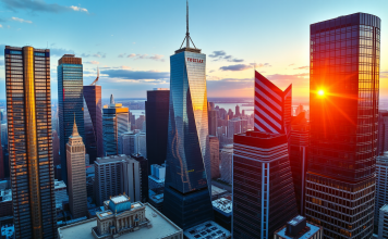 Dynamische Stadtlandschaft bei Sonnenuntergang