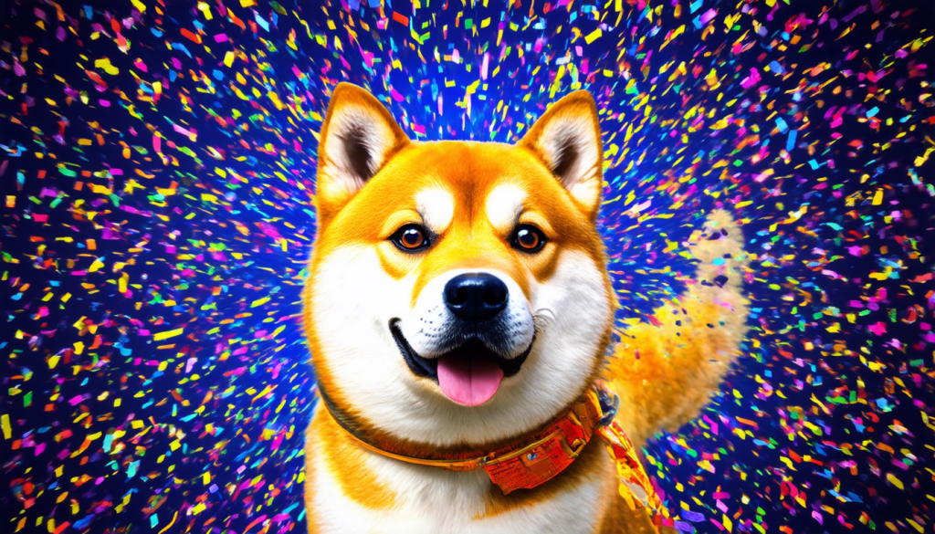 Shiba Inu von Dogecoin mit digitalem Konfetti