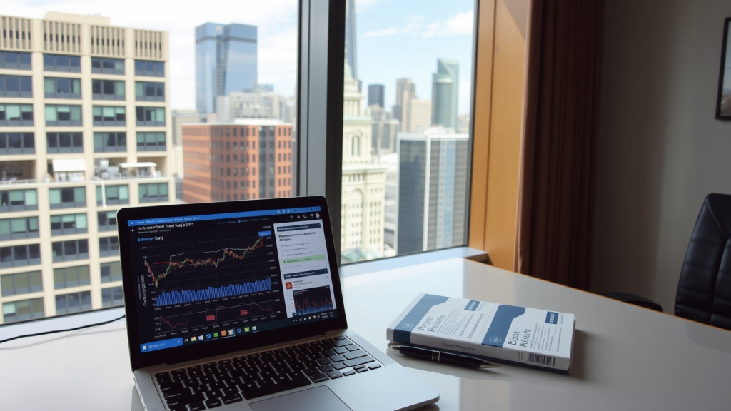 Büro mit Panoramafenster und Laptop, der Markttrends anzeigt