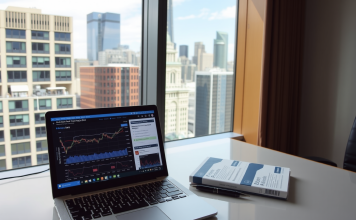 Büro mit Panoramafenster und Laptop, der Markttrends anzeigt