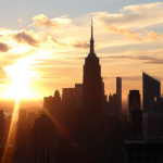 Leuchtende Skyline der Stadt bei Sonnenuntergang