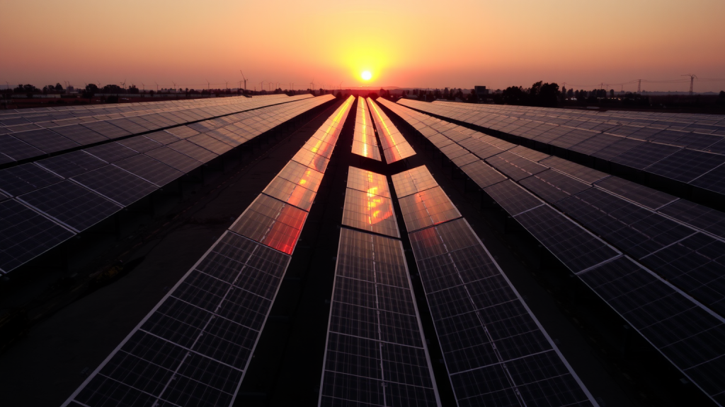 Solarpark bei Sonnenuntergang