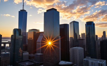 Finanzviertel bei Sonnenuntergang.