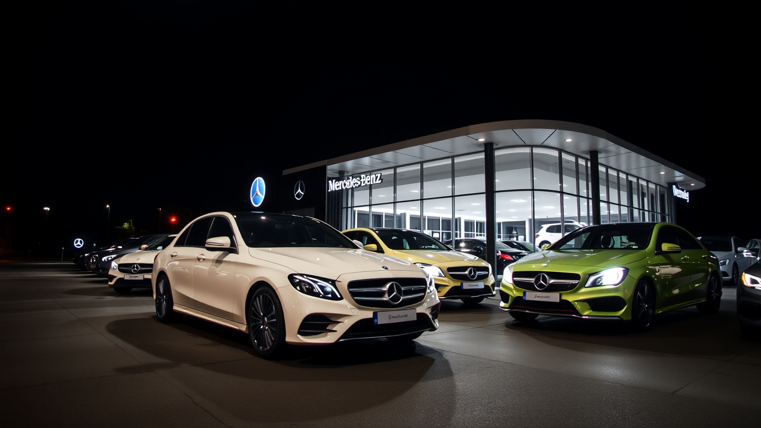 Mercedes-Benz Ausstellung bei Nacht