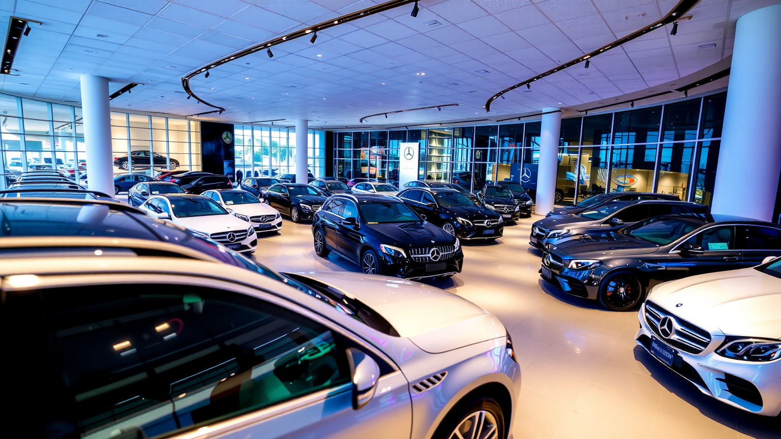 Mercedes-Benz-Ausstellungsraum mit neuen Modellen in warmer Beleuchtung