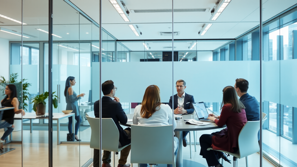 Moderne Büro mit Analysten bei Diskussion über Markttrends.