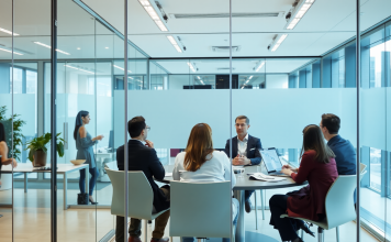 Moderne Büro mit Analysten bei Diskussion über Markttrends.