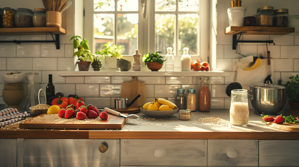 Moderne Küchentheke mit Oatly-Produkten und einem vorbereiteten Hafermilch-Smoothie