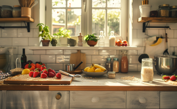 Moderne Küchentheke mit Oatly-Produkten und einem vorbereiteten Hafermilch-Smoothie