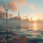 Flotte von Offshore-Windturbinen im Meer, die Orsteds marine Initiativen darstellen.