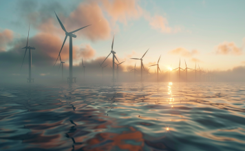 Flotte von Offshore-Windturbinen im Meer, die Orsteds marine Initiativen darstellen.