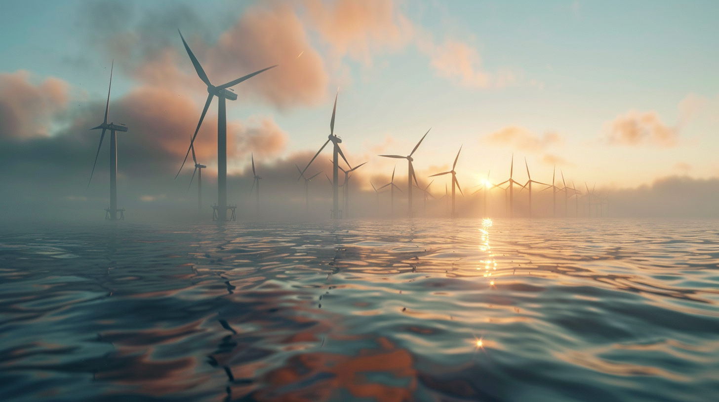 Flotte von Offshore-Windturbinen im Meer, die Orsteds marine Initiativen darstellen.