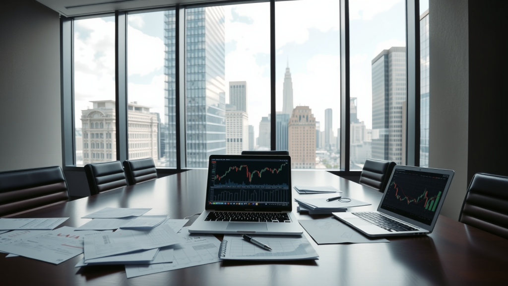 Leerer Konferenzraum mit Blick auf das Finanzviertel und Aktienanalysen auf dem Tisch.