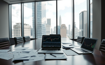 Leerer Konferenzraum mit Blick auf das Finanzviertel und Aktienanalysen auf dem Tisch.