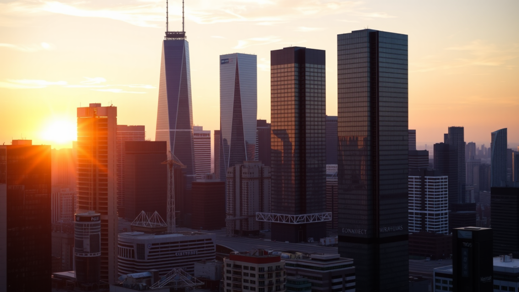 Finanzviertel-Skyline bei Sonnenuntergang