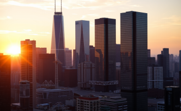 Finanzviertel-Skyline bei Sonnenuntergang