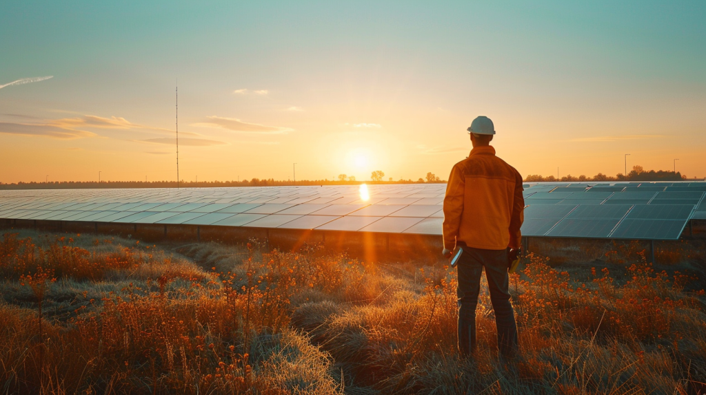 Solarfelder mit einem RWE-Mitarbeiter bei der Wartung unter klarem Himmel