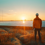 Solarfelder mit einem RWE-Mitarbeiter bei der Wartung unter klarem Himmel