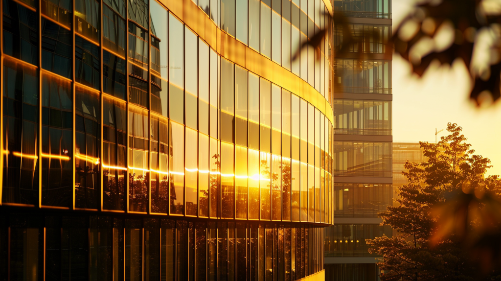 Das Hauptquartier von RWE im goldenen Abendlicht