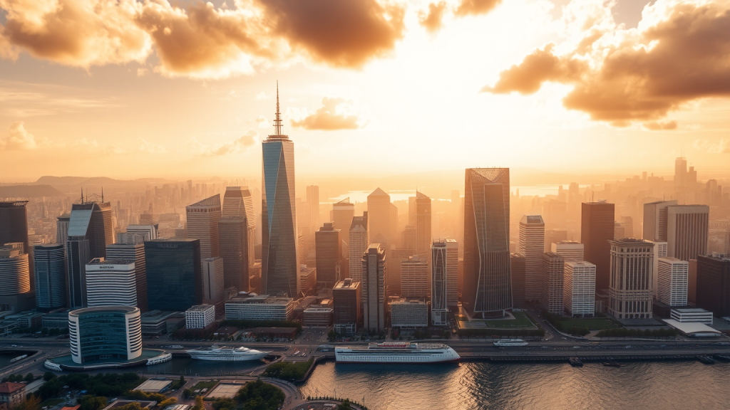 Malerische Skyline eines großen Finanzdistrikts im goldenen Sonnenlicht, symbolisiert Wohlstand.