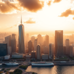 Malerische Skyline eines großen Finanzdistrikts im goldenen Sonnenlicht, symbolisiert Wohlstand.