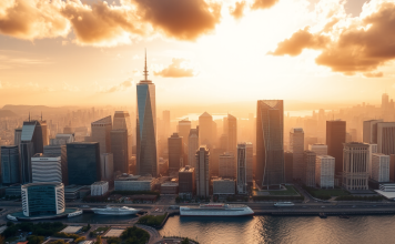 Malerische Skyline eines großen Finanzdistrikts im goldenen Sonnenlicht, symbolisiert Wohlstand.