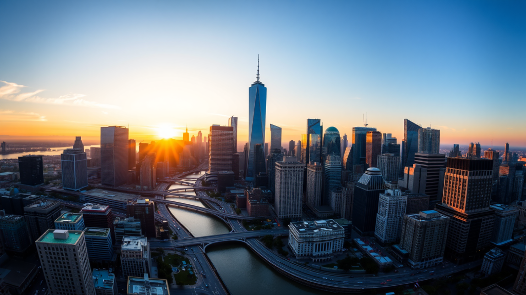 Panoramablick auf Finanzviertel bei Sonnenuntergang