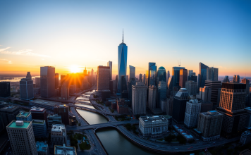 Panoramablick auf Finanzviertel bei Sonnenuntergang