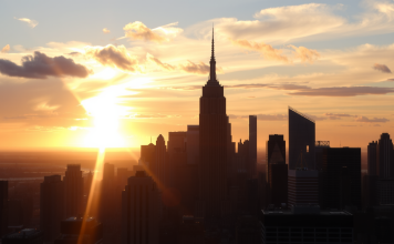 Leuchtende Skyline der Stadt bei Sonnenuntergang