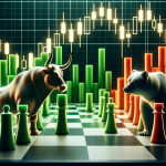 Schachfiguren Stier und Bär vor Candle-Charts