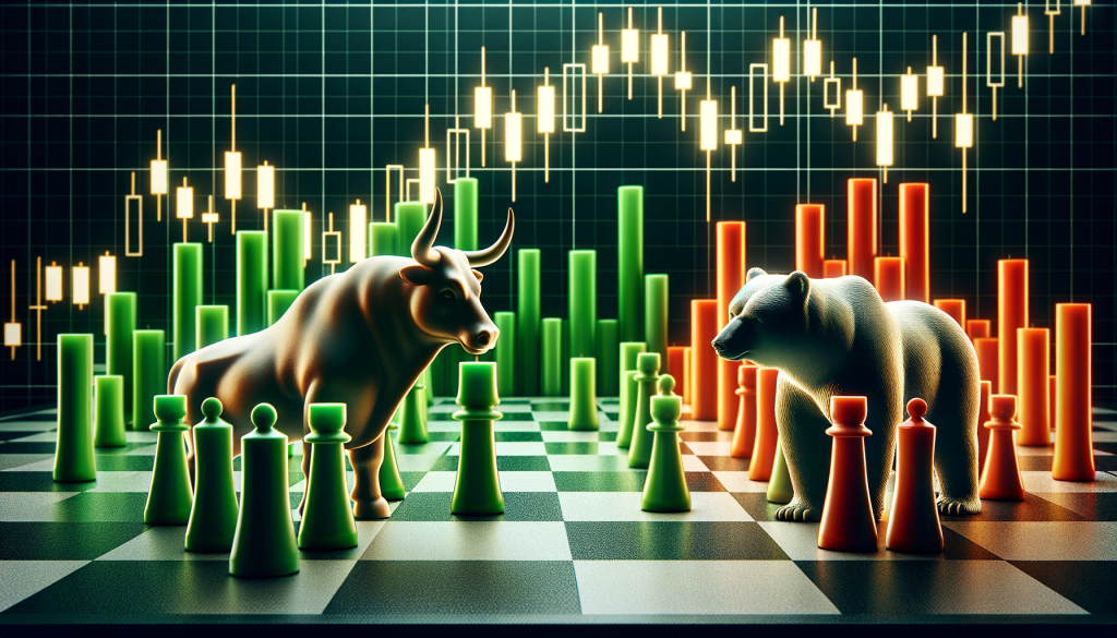 Schachfiguren Stier und Bär vor Candle-Charts