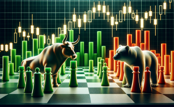 Schachfiguren Stier und Bär vor Candle-Charts