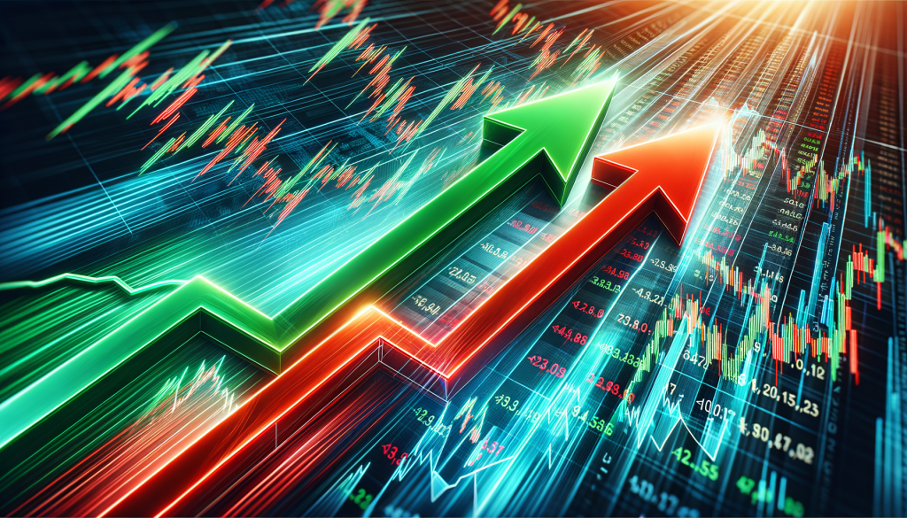 Grüner Aufwärtspfeil und roter Abwärtspfeil vor Börsentickern