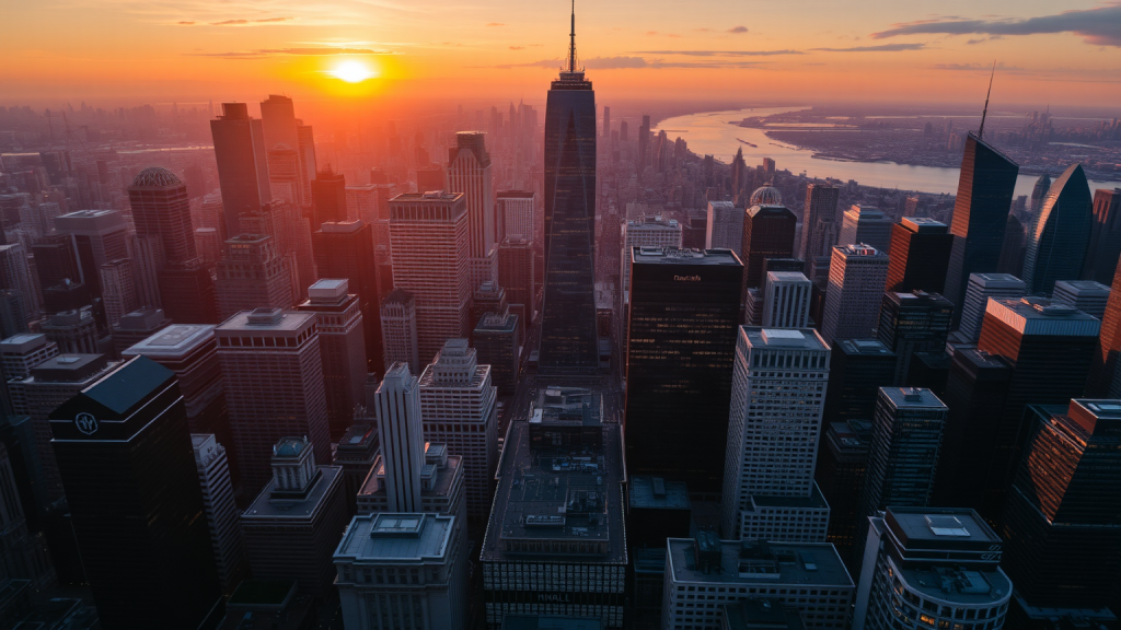 Geschäftsviertel bei Sonnenuntergang