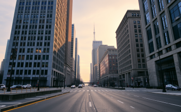 Finanzviertel am frühen Morgen mit leeren Straßen