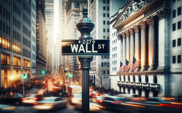 Wall Street-Schild vor verschwommenem Stadtverkehr und historischen Gebäuden