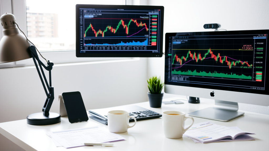 Modernes Büro mit zwei Monitoren und Marktcharts