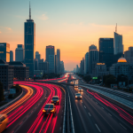 Stadt-Skyline bei Sonnenuntergang