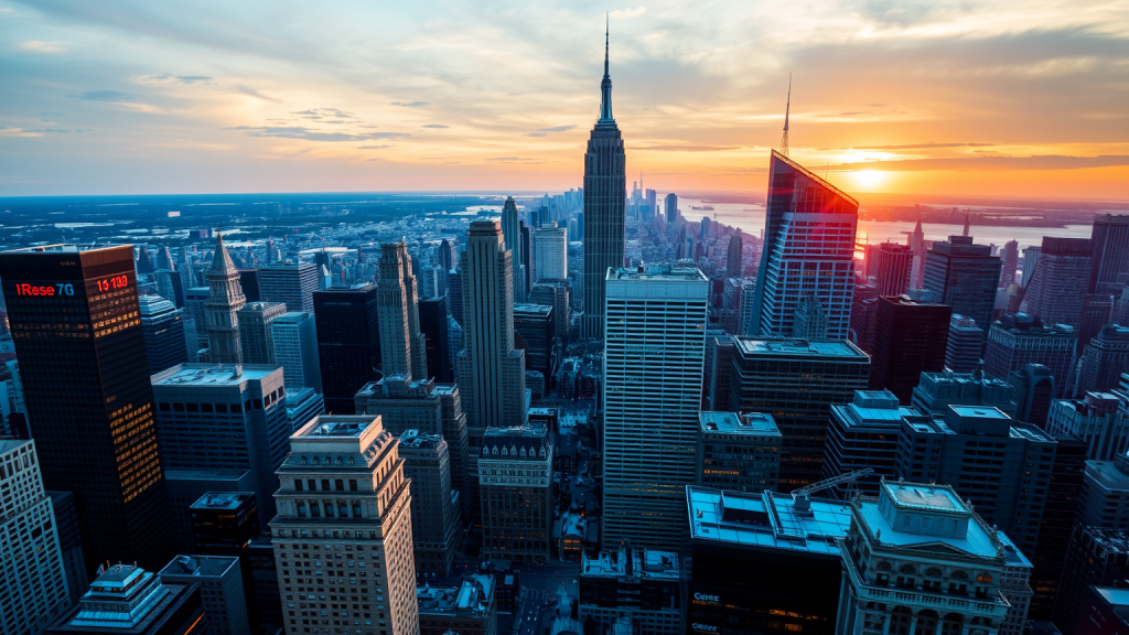 Blick auf das Finanzviertel einer Stadt bei Sonnenuntergang