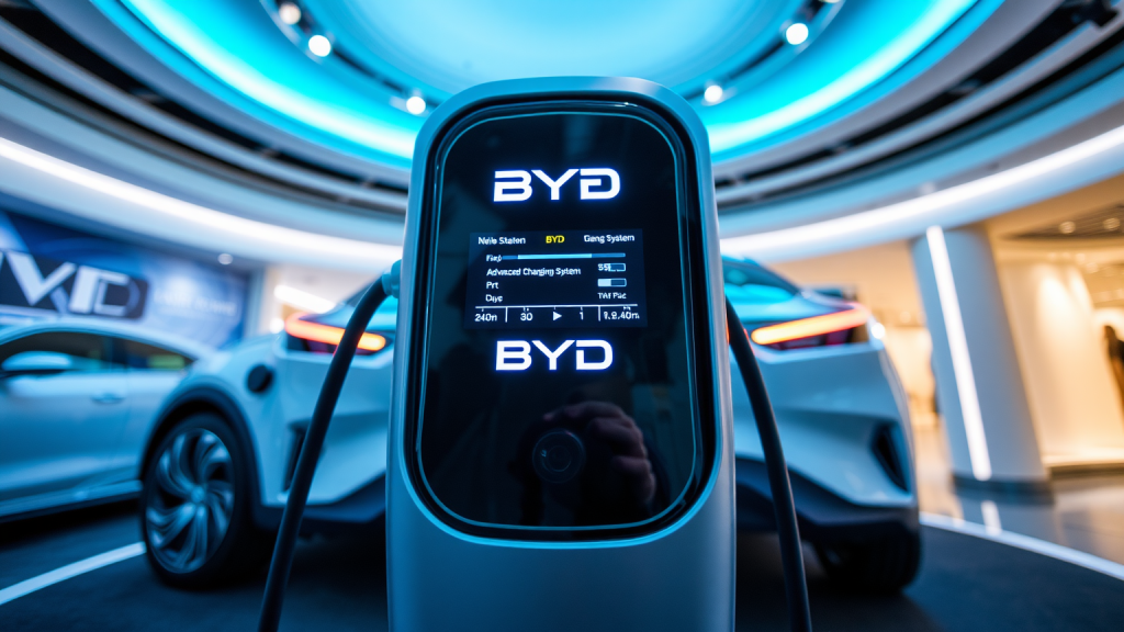 Nahaufnahme von BYD-Batterieladesystem in Showroom