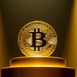 Goldener Bitcoin auf einem Podest im Scheinwerferlicht