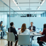 Moderne Büro mit Analysten bei Diskussion über Markttrends.